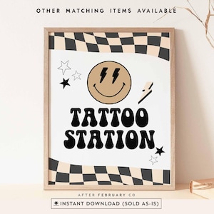 Smile Face Party Tattoo Station Tabliczka na stół Jeden szczęśliwy facet Dwóch szczęśliwych facetów Dekoracja urodzinowa Znak dekoracyjny Do druku SPRZEDAWANE TAK JAK JEST 104K2