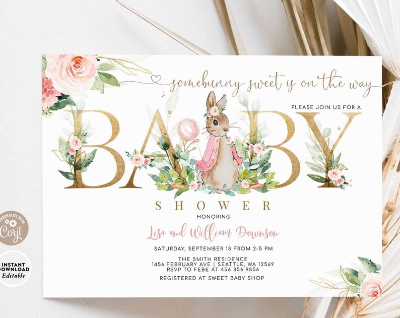 EDITABLE Greenery Flopsy Pink Peter Rabbit Some Bunny Sweet Peter Rabbit Baby Shower Invitation Invite Template Instant