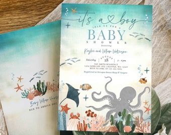 Editable Octopus Baby Shower Invitation It's A Boy Under the Sea Ocean Baby Shower Invitation Invites Printable Template 1015V1 (1)