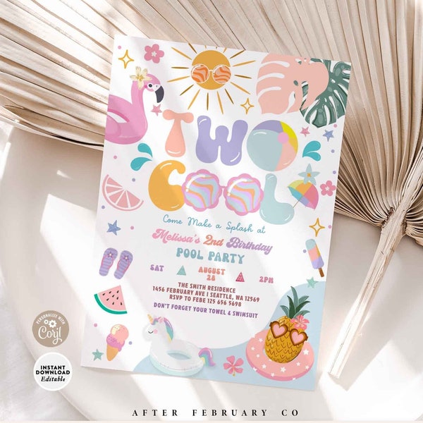Editable TWO COOL 2nd Birthday Pool Party Invitation Girly Summer Swimming Pool Splash Pad Party Invite Digital Template 329K1 (2)