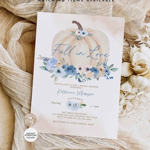 Editable Blue Fall In Love Pumpkin Bridal Shower Invitation Fall Bridal Brunch Shower Invitation Invite Printable Instant Download 474BR3