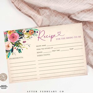 Editable Love is in Bloom Pink Floral Garden Recipe Card Couple Shower Baby Shower Recipe Card Printable Template Instant Download 745BR1