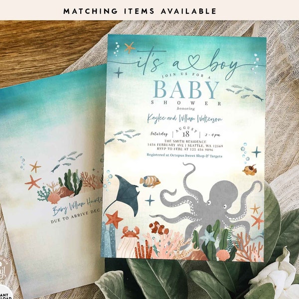 Editable Octopus Baby Shower Invitation It's A Boy Under the Sea Ocean Baby Shower Invitation Invites Printable Template 1015V1 (1)