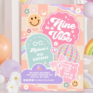 Groovy NINE is a Vibe 9th Birthday Party Invitation Varsity Coquette Bow Preppy Checker Rainbow Smile Face Emoji Invite Template 606K2 (9)