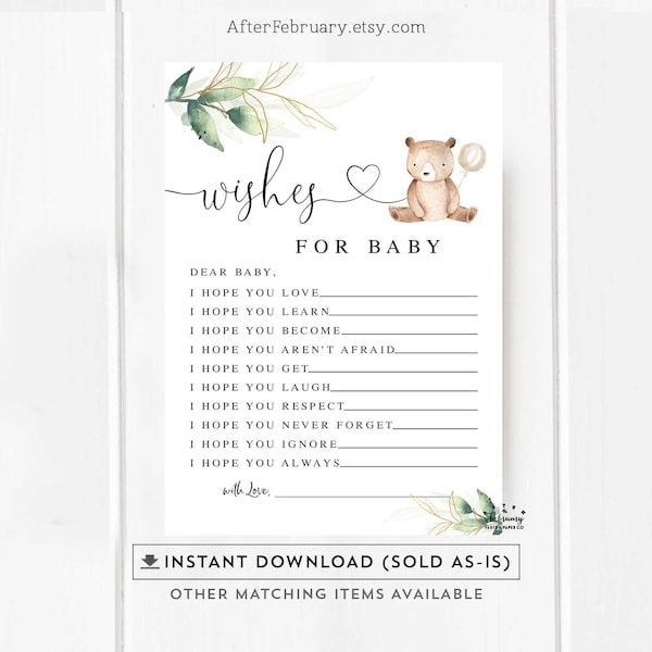 Wishes for Baby Card Greenery Gold We Can Bearly Wait Teddy Bear Baby Shower Gender Neutral Games Printable INSTANT DOWNLOAD 1305V1