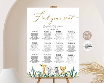 Safari Animals Seating Chart: Greenery Gold Jungle Baby Shower Printable Template 197