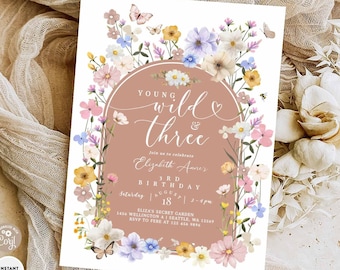 Young Wild and Three Wildflower 3rd Birthday Invitation: Editable Floral Invite Template 126K1 (3)