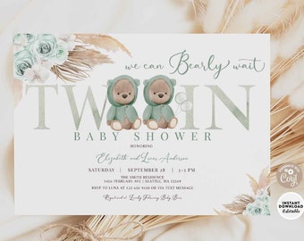 EDITABLE TWIN Sage Green Boho Bear Baby Shower Invitation Gender Neutral We Can Bearly Wait Invite Printable Instant Download 400T7 (1)