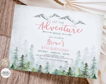 Adventure Birthday Invitation Girl: Pink Mountain Forest Invite Template 540K2