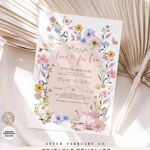 Bearbeitbare Boho Wildflower Tea Party-Babyparty-Einladung Zeit zum Tee mit der Mama, die Dusche einlädt Digitale Vorlage 285V1 (1)