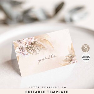 Tarjeta de lugar editable con hierba de pampa rosa, estilo bohemio rosa, para bufé, tienda de comida, tarjeta de lugar plegable, plantilla de decoración de mesa de comida, descarga instantánea 411V1
