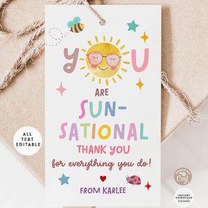 May include: A white gift tag with the text "YOU ARE SUN-SATIONAL THANK YOU for everything you do!" and a sun illustration with glasses. The tag also features a bee, stars, a heart, and a ladybug. The tag is tied to a gift with twine.
