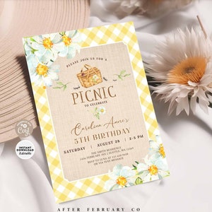 EDITABLE Picnic ANY AGE Birthday Summer Park Camomile Yellow Gingham Picnic Birthday Invite Printable Instant Download 319K2 (1)