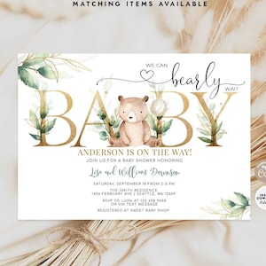 EDITABLE Greenery Gold We Can Bearly Wait Teddy Bear Baby Shower ...