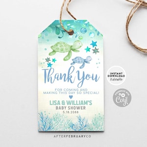 EDITABLE Blue Boy Sea Turtle Under the Sea Baby Shower Baby Sprinkle Favor Thank You Gift Treat Tag Printable Template Instant Download 1204