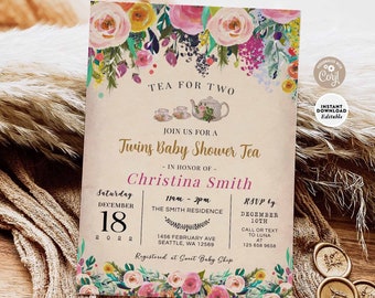 Editable Tea for Two Twins Baby Shower Invitation Invite Invites Printable Template 567T1 (1)