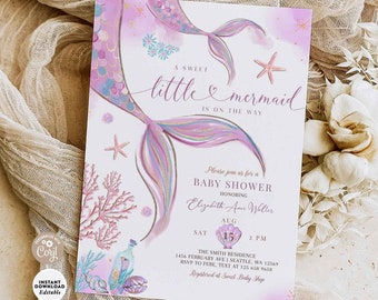Editable Sweet Little Mermaid Baby Shower Invitation Summer Mermaids Baby Shower Invites Printable Digital Instant Download No. 332V1 (1)