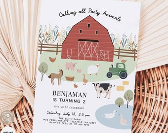 Editable Boy Farm Animals Invitation Petting Zoo Barn Birthday Calling All Party Animals Birthday Invite Template Instant Download 174K1 (1)