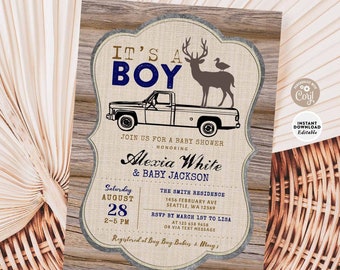 Editable Truck Duck and Buck Baby Shower Boy Navy Brown Wood Forest Rustic Baby Boy Shower Invite Template Instant Download 882V1 (1)