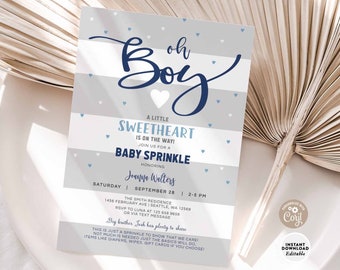Bewerkbare jongen baby strooi babyshower grijs marineblauw witte harten moderne baby strooi uitnodigen afdrukbare sjabloon Instant Download 335V1 (2)