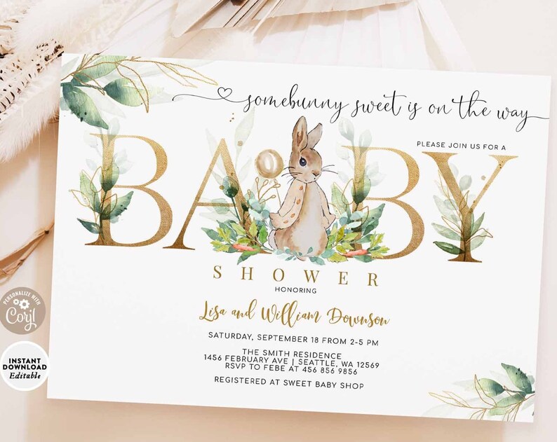 EDITABLE Greenery Gold Some Bunny Sweet Peter Rabbit Baby Shower Gender Neutral Invitation Invite Template Instant Download