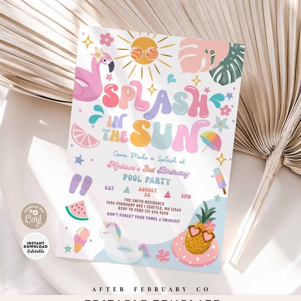 Editable Splash in the Sun Pool Party Lake Invitation Girly Pineapple Swimming Pool Splash Pad Party Invite Digital Template 329K1 (6)