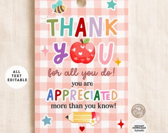 Teacher Appreciation Thank You Tag: End of School Year School Tags Template 647 (1-5)