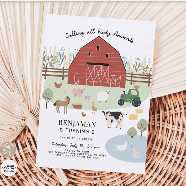 Editable Boy Farm Animals Invitation Petting Zoo Barn Birthday Calling All Party Animals Birthday Invite Template Instant Download 174K1 (1)