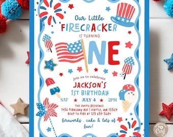 Boy 4th of July Little Firecracker First 1st Birthday Invitation Invite Template 350 (1-1)