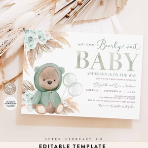 EDITABLE Sage Green Boho Bear Baby Shower Invitation Gender Neutral We Can Bearly Wait Invite Printable Template Instant Download 400V4 (3)