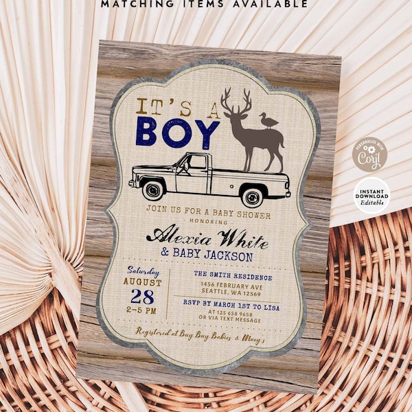 Editable Truck Duck and Buck Baby Shower Boy Navy Brown Wood Forest Rustic Baby Boy Shower Invite Template Instant Download 882V1 (1)