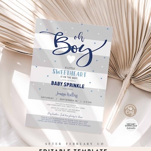 Bewerkbare jongen baby strooi babyshower grijs marineblauw witte harten moderne baby strooi uitnodigen afdrukbare sjabloon Instant Download 335V1 (2)