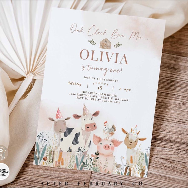 Editable Boho Farm Animal Birthday Invitation: Pig Cow Sheep Goat Invite Template 198K1 (2)