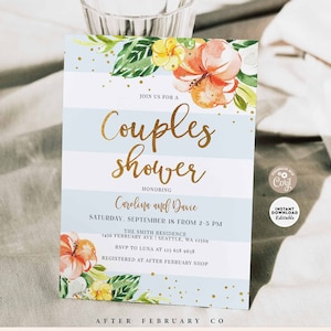 EDITABLE Tropical Couples Shower Modern Summer Beach Hawaii Aloha Blue Gold Confetti Couple Shower Invite Template Instant Download 1562