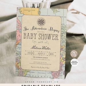Modèle imprimable modifiable Aventure de baby shower autour du monde Baby shower vintage voyage Baby shower invitation Téléchargement instantané 1269 (5)