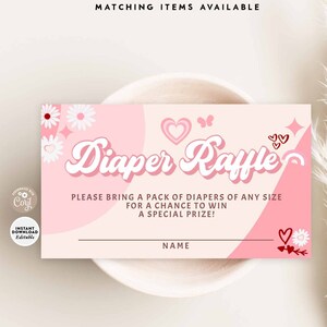 EDITIERBARE Retro Groovy Valentinstag Baby Shower Windel Lotterielos Rosa Groovy Einladen Einsatz druckbare Vorlage Sofort-Download 84V1