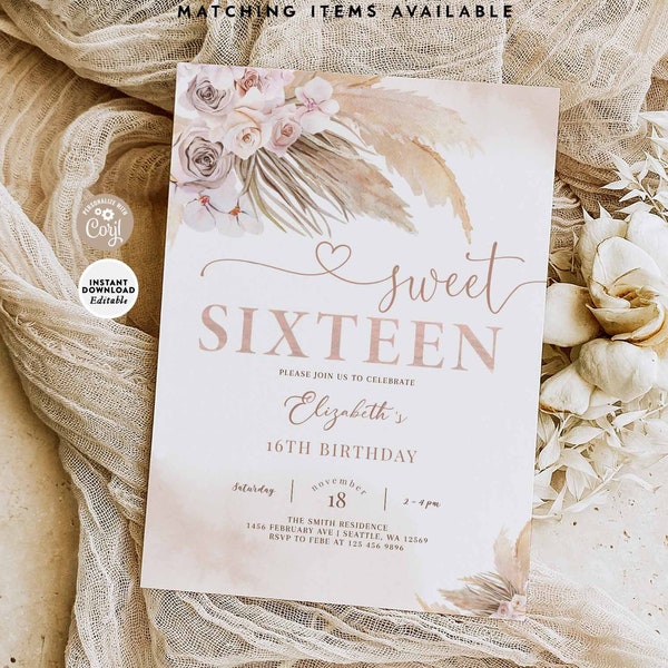 EDITABLE Sweet Sixteen Birthday 16th Birthday Pink Pampas Grass Boho Invitation Girl Invite Printable Template Instant Download 411K1 (16)