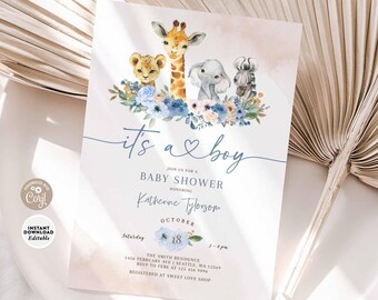 EDITABLE Boy Safari It's A Boy Baby Shower Invitation African Jungle Baby Shower Invite Printable Template Instant Download 197V3 (1)