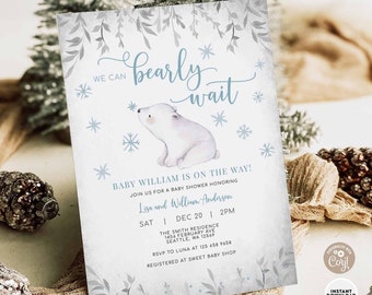 EDITABLE Boy Blue Winter Polar Bear Baby Shower We Can Bearly Wait Cub Arctic Baby Shower Invitation Printable Instant Download 1377V2 (1)