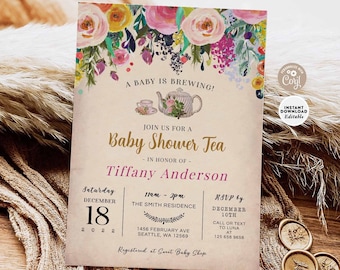 EDITABLE A Baby is Brewing Floral Baby Shower Tea Party Baby Shower Tea Party Invite Invitation Digital Printable Instant Download 567V1 (1)