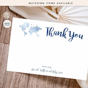 EDITIERBARE Blaue Abenteuer Danke Flache Notiz Karte Abenteuer Baby Shower Weltkarte Reise Thema Navy Blue Baby Shower Printable 96V3