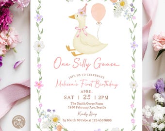 Zaproszenie na pierwsze urodziny Silly Goose: akwarelowy wzór z motywem stokrotek i kwiatów 701 (1)
