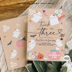 Editable Halloween Trick or Three 3rd Cute Boo Halloween Ghost Birthday Invitation Birthday Invite Printable Instant Download 486K1 (1-3)