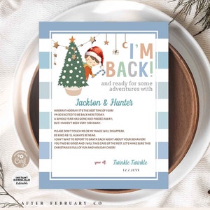 EDITABLE BOY Elf Blue Bienvenido de nuevo Estoy de regreso Carta Modern Silenciado Elf Boy Carta Boho Elf Back Letter Plantilla Descarga instantánea 245 (5-1)