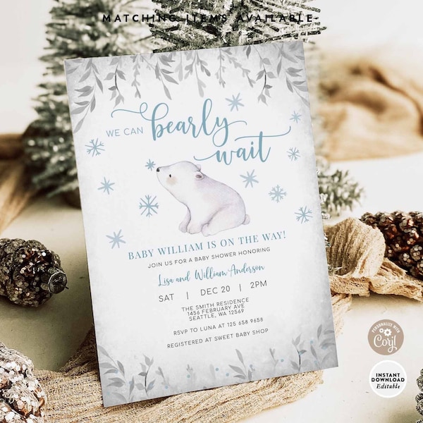 EDITABLE Boy Blue Winter Polar Bear Baby Shower We Can Bearly Wait Cub Arctic Baby Shower Invitation Printable Instant Download 1377V2 (1)