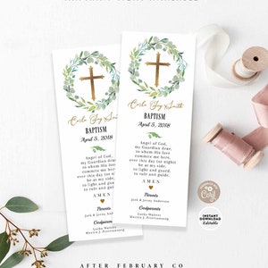 Editable Greenery Prayer Bookmark Green Gold Baptism First Holy Communion Prayer Bookmark Printable Template Instant Download 1515R1