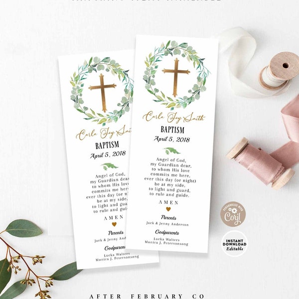 Editable Greenery Prayer Bookmark Green Gold Baptism First Holy Communion Prayer Bookmark Printable Template Instant Download 1515R1