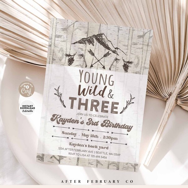 Editable Camp Adventure Young Wild and Three Birthday Outdoor Arrows Mountains Rustic Invite Printable Template Instant Download 402K1 (3)