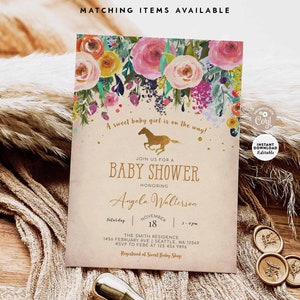 Editable Horse Baby Shower Invitation Girl Horseback Riding Kentucky Derby Baby Invitation Invite Printable Instant Download 1344V1 (1)