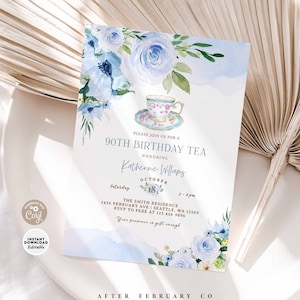 Editable ANY AGE Blue Floral 21st 30th 40th 50th 60th 70th 80th 90th Birthday Tea Party Invite Invitation Printable Instant Download 201A